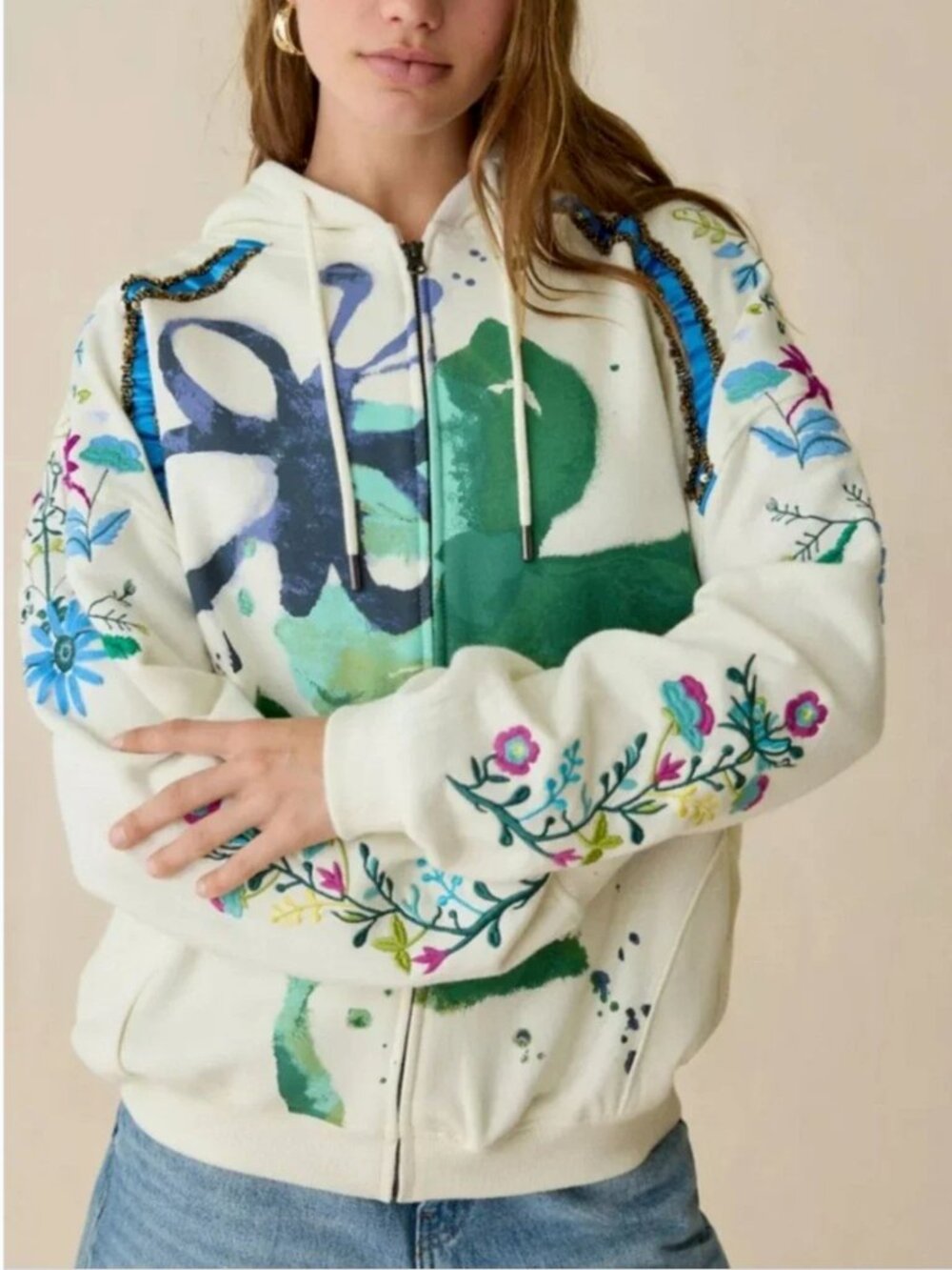 Urban Outfitters NWOT BDG embroidered Sequins Beaded Zip Hoodie Sweatshirt